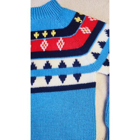 VTG 70S Kids Fair Isle Knit Sweater Blue White Crew neck Sz L 6/7 Little Alumnus - Picture 11 of 14